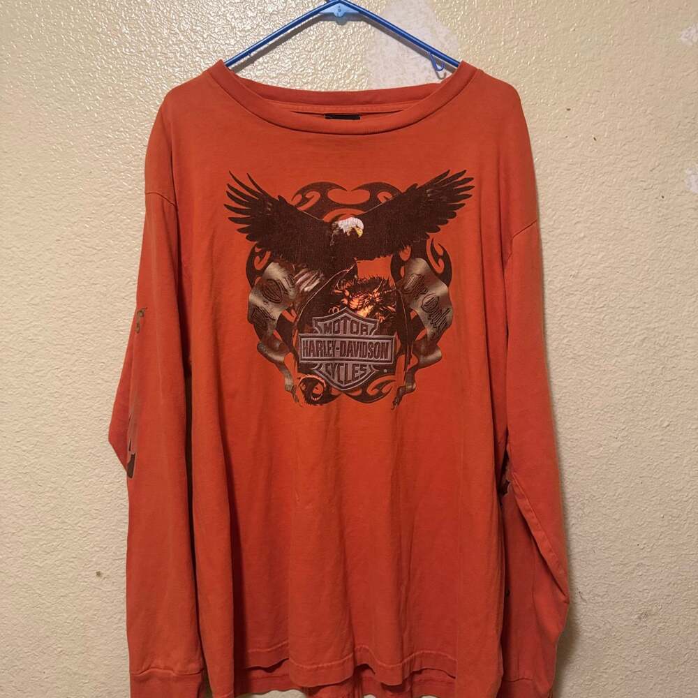 Vintage Harley Davidson Orange Reflective Graphic Long Sleeve T-Shirt